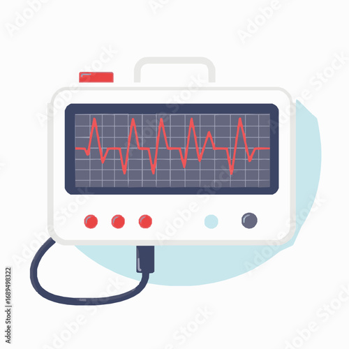 Medical electrocardiogram monitor displaying a heart rhythm waveform with red and blue accents on a white background