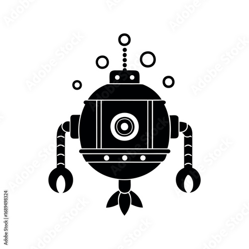 Stylized black and white image of a vintage underwater diving robot