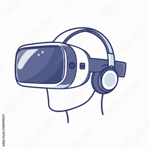 Cartoon illustration of a virtual reality headset with headphones worn by a stylized head VR headset