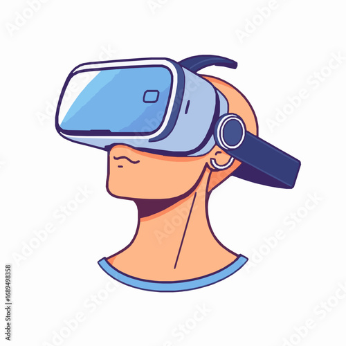 Stylized illustration of a person wearing a blue and white virtual reality headset with orange skin tone