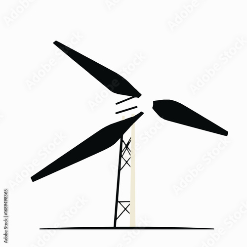 Minimalist black silhouette of a wind turbine with three blades against a white background wind power