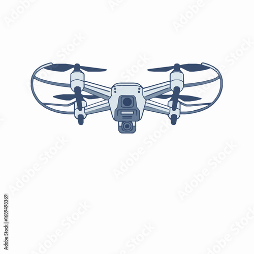 Cartoon drawing of a grey and blue drone with four propellers and a camera on a white background quadcopter
