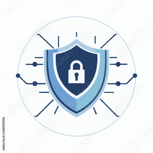 Digital security shield with padlock and circuit board elements protection