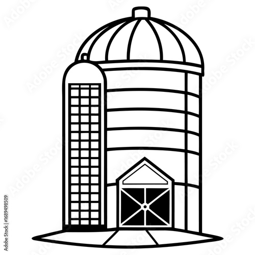 Black and white illustration of industrial grain silo
