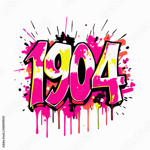 Bold Graffiti Numbers 1904 in Pink and Yellow with Vibrant Paint Splatters and Drips spray paint