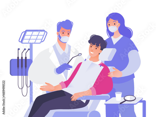 Dentist examining male patient teeth with nurse assistance. Dentistry visual concept vector flat cartoon illustration.
