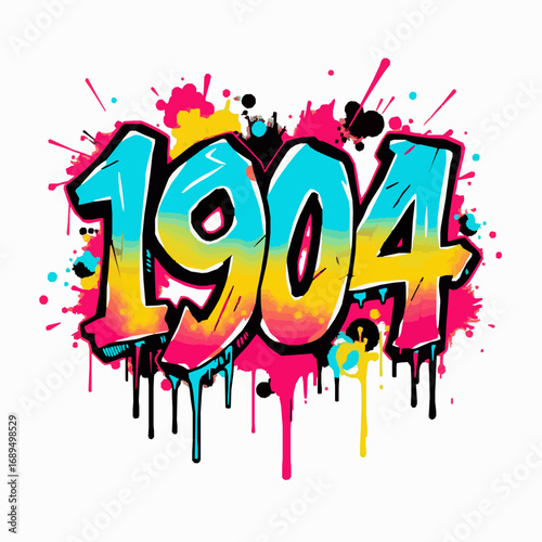 Graffiti Numbers 1904 in Cyan Yellow and Pink with Colorful Paint Splatters and Drips spray paint