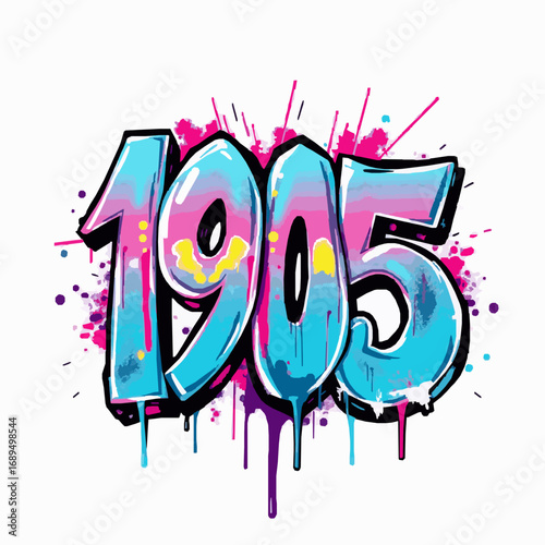 Graffiti Numbers 1905 in Blue and Pink with Purple Yellow and Pink Paint Splatters and Drips spray paint