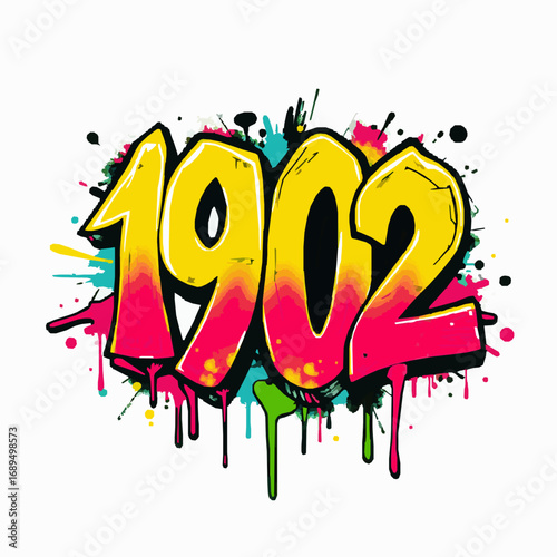 Graffiti style numbers 1902 with colorful paint splatters and drips on white background digits year