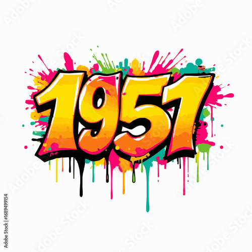 Bright yellow 1957 graffiti art with orange gradient, pink and teal splashes, and dripping paint vintage