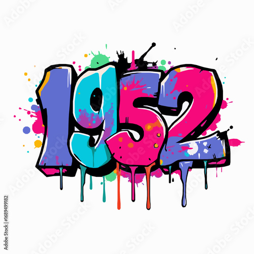 Graffiti art numbers 1952 with colorful paint splatters and drips on white background year date