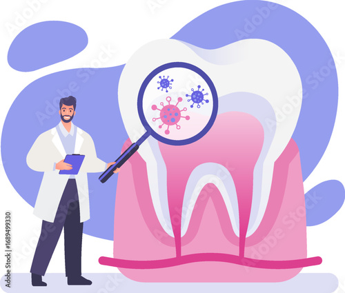  Tooth examination by Orthodontist through magnifying glass vector cartoon illustration