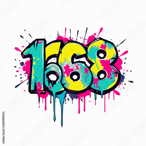Bold graffiti art numbers 1668 with bright pink teal and yellow paint splashes Keywords: 1668, graffiti, numbers, art, colorful, vibrant, paint, splatter, drip, urban, street