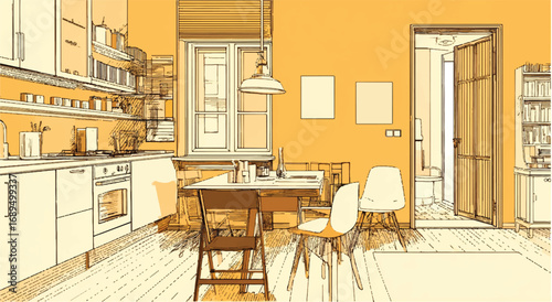 Stylized home interior showcasing kitchen dining area and bathroom view with simple furniture and decorative elements
