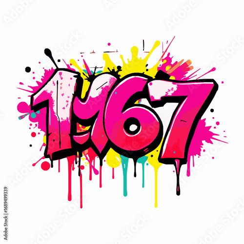Graffiti style numbers 167 in bright pink with colorful paint splatters and drips on white background