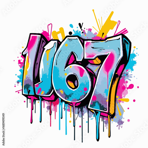 Graffiti style numbers 167 with colorful paint splatters and drips on white background urban