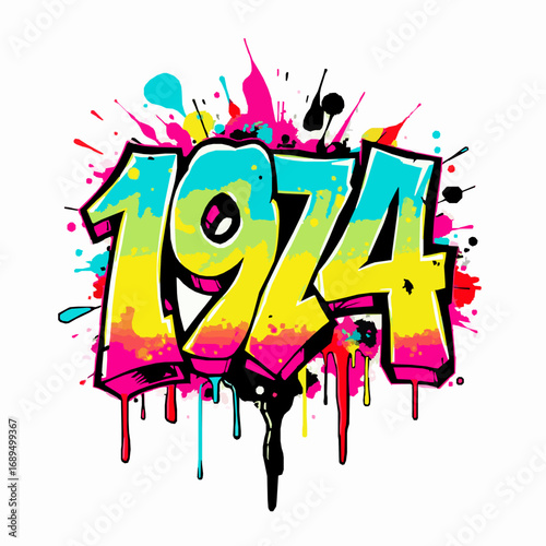 Graffiti style numbers 1974 with colorful paint splatters and drips on white background urban
