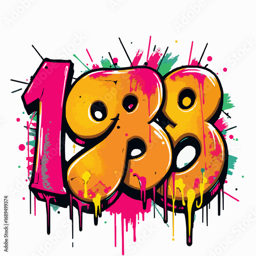 Graffiti style numbers 1983 with vibrant paint splatters and drips on white background digits typography