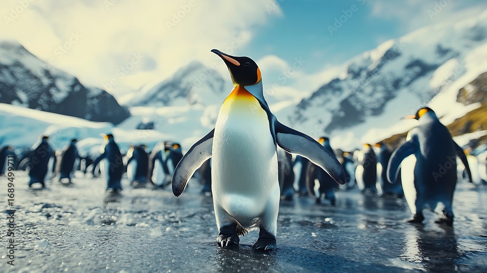 Fototapeta premium King Penguin Standing on Ice with Snowy Peaks Keywords: penguin, king penguin, wildlife, photo