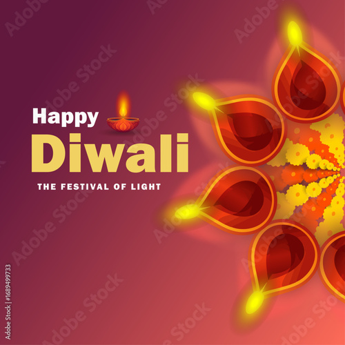 Happy Diwali Festival of Lights Greeting with Decorative Diyas on Gradient Background