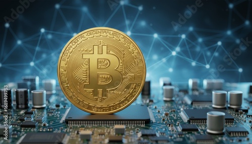 Close-up of physical golden Bitcoin coin standing on computer motherboard, glowing blue circuit background