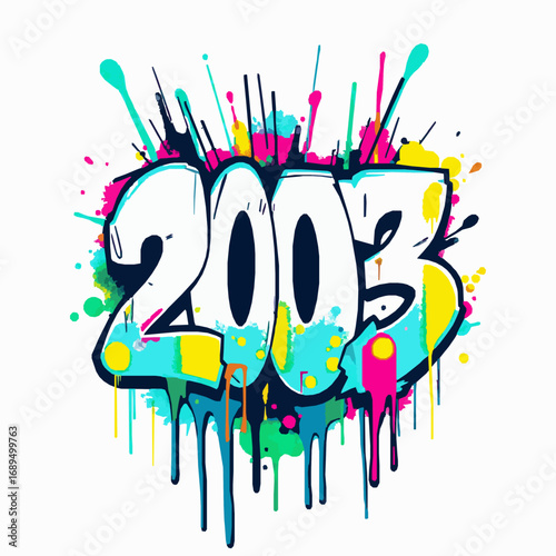 Graffiti art year 2003 with bright paint splatters and drips Keywords: 2003, graffiti, year, number, digits, art, graphic, design, spray paint, paint splatter, paint drip