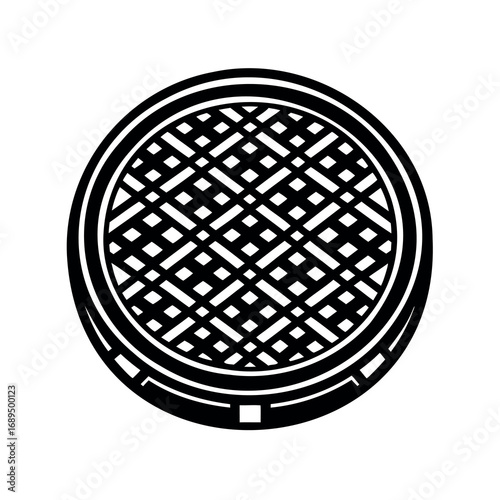 Detailed black and white illustration of a patterned manhole cover design