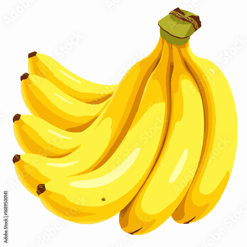 A bunch of ripe yellow bananas with a green stem tie on a white background Keywords: bananas, bunch, fruit, yellow, ripe, sweet, healthy, food, tropical, potassium, peel, curved