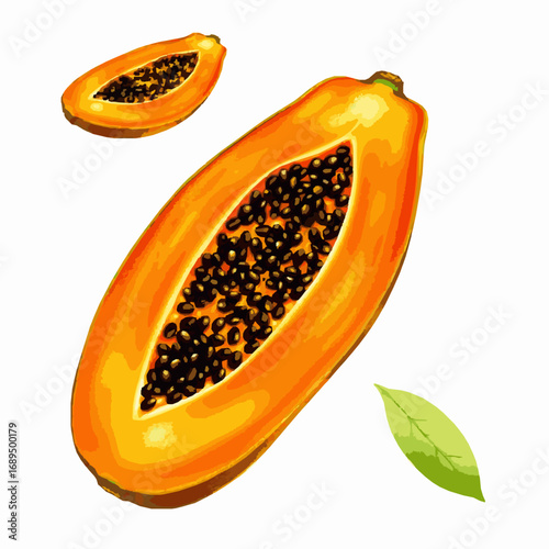 Fresh Papaya Halves with Seeds and a Green Leaf on White Background Keywords: papaya, fruit, tropical, food, healthy, organic, fresh, sweet, juicy, exotic, natural, slice, half