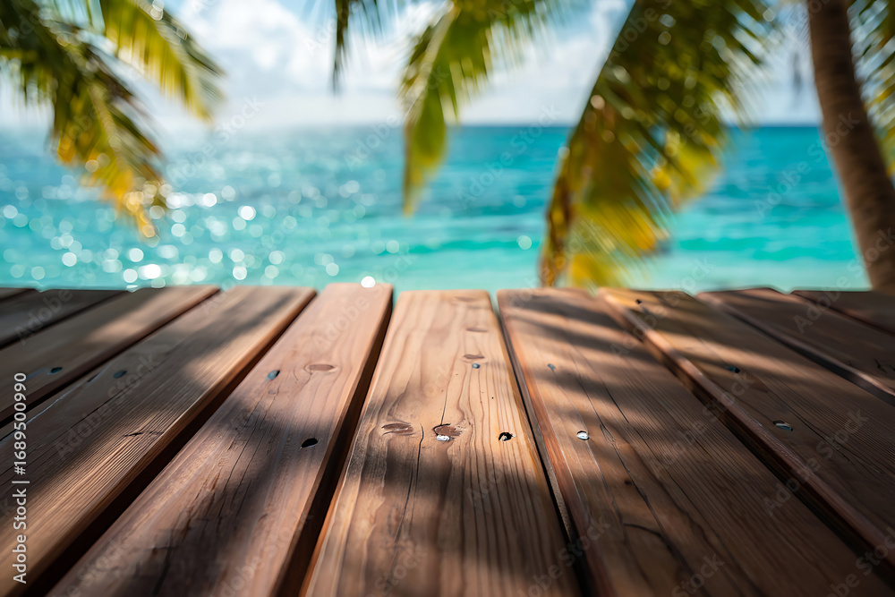 Fototapeta premium Tropical beach wooden deck with turquoise ocean and palm trees creating a relaxing vacation scene for travel and summer holidays