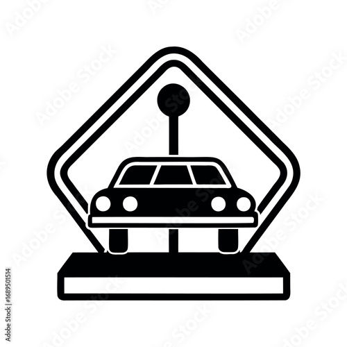 Symbolic representation of a car on a stand with steering mechanism graphic