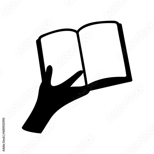 Silhouette of hand holding an open book with blank white pages