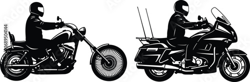 Flat vector illustration of motorcycle riders on cruiser and touring bikes, helmeted men riding motorbikes, biker lifestyle, road travel art.
