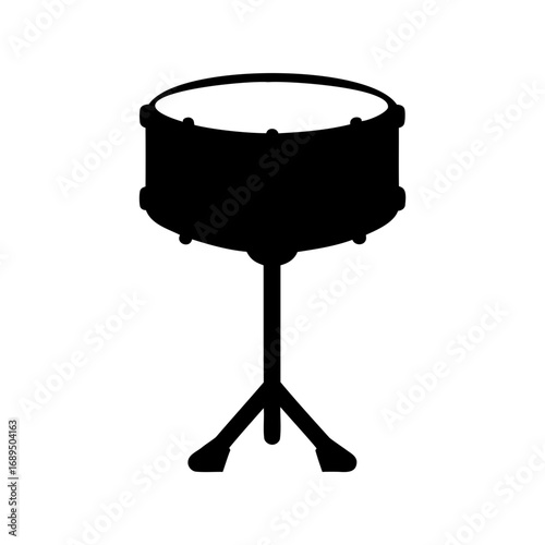 A simple and bold black silhouette of a snare drum on a stand