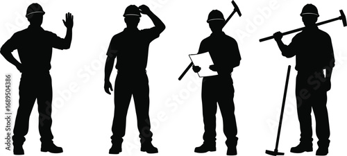 Flat vector illustration of construction worker silhouettes in safety helmets, holding tools and documents, industrial labor poses, job site scene.