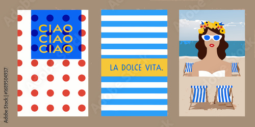 Triptych of italian summer vibes featuring ciao la dolce vita and beach scene