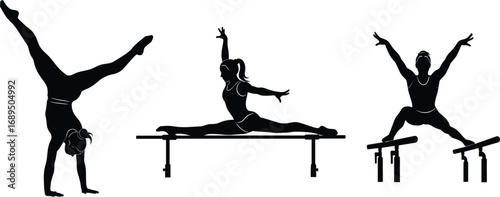 Flat vector illustration of female gymnasts performing handstand, splits, and balance beam exercises, artistic gymnastics silhouettes, athletic women in action.