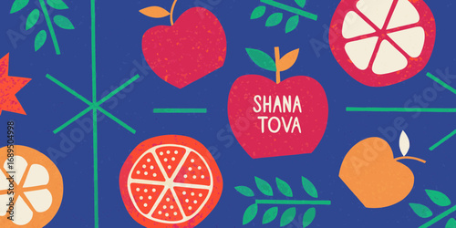 Happy new year shana tova greeting with apples pomegranates and citrus fruits on a blue textured background