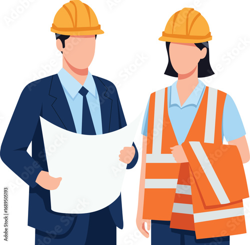Two construction workers, one male holding blueprints in a suit and hard hat, and one female in a safety vest and hard hat, standing together.