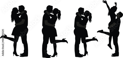 Romantic couple kissing, hugging, lifting pose silhouette, love relationship illustration, flat vector art, affectionate moments, Valentine's day concept