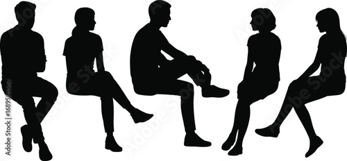 Group of people sitting, relaxed friends silhouette, casual conversation, social gathering, diverse individuals resting, informal meeting, teamwork, flat vector illustration
