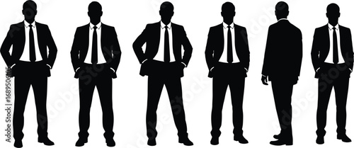 Silhouettes of confident businessmen in formal suits, different poses, corporate dress, business attire, leadership concept, flat vector illustration