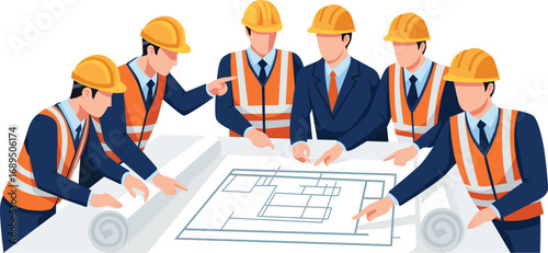 A group of construction workers and architects in hard hats reviewing a building blueprint together.