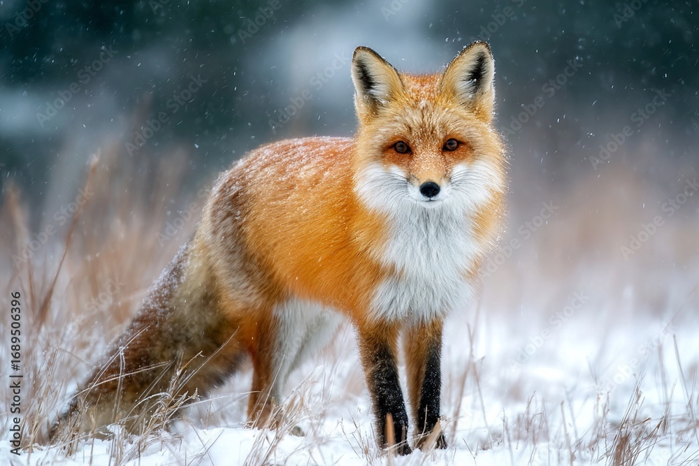 Obraz premium A red fox vulpes in the snow is a furry winter wildlife mammal