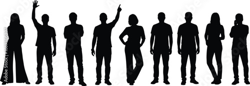 Group of diverse people standing, silhouettes of men and women, casual poses, communication, teamwork, unity, friendship, flat vector illustration