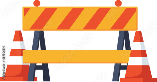 Illustration of a yellow and orange striped road construction barrier with two orange traffic cones on either side.