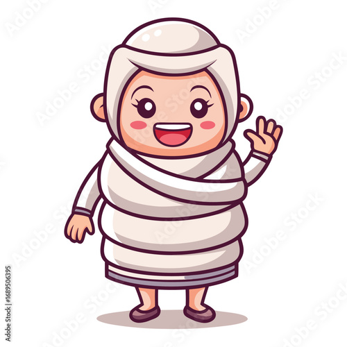 Vector art of cute cartoon character dressed in ihram clothing, waving hello