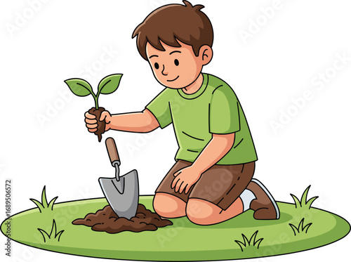 Cartoon child planting tree, eco-friendly action, nature care, outdoor gardening, sapling growth, soil digging, green shirt, environmental awareness, spring activity