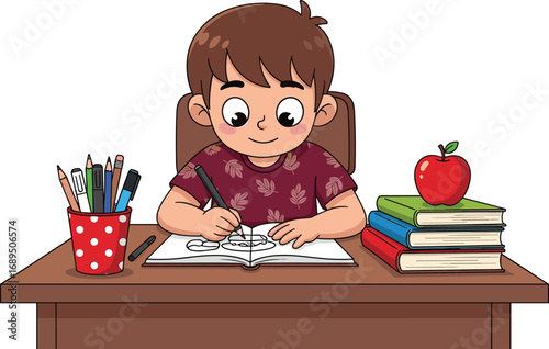 Cartoon child drawing butterfly at desk, creative illustration, school supplies, learning activity, vector art, education concept, artistic moment