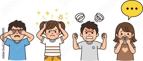 Cartoon children showing emotions, frustration, anger, fear, surprise, expressive gestures, emotional literacy, vector illustration, kids reactions, communication concept